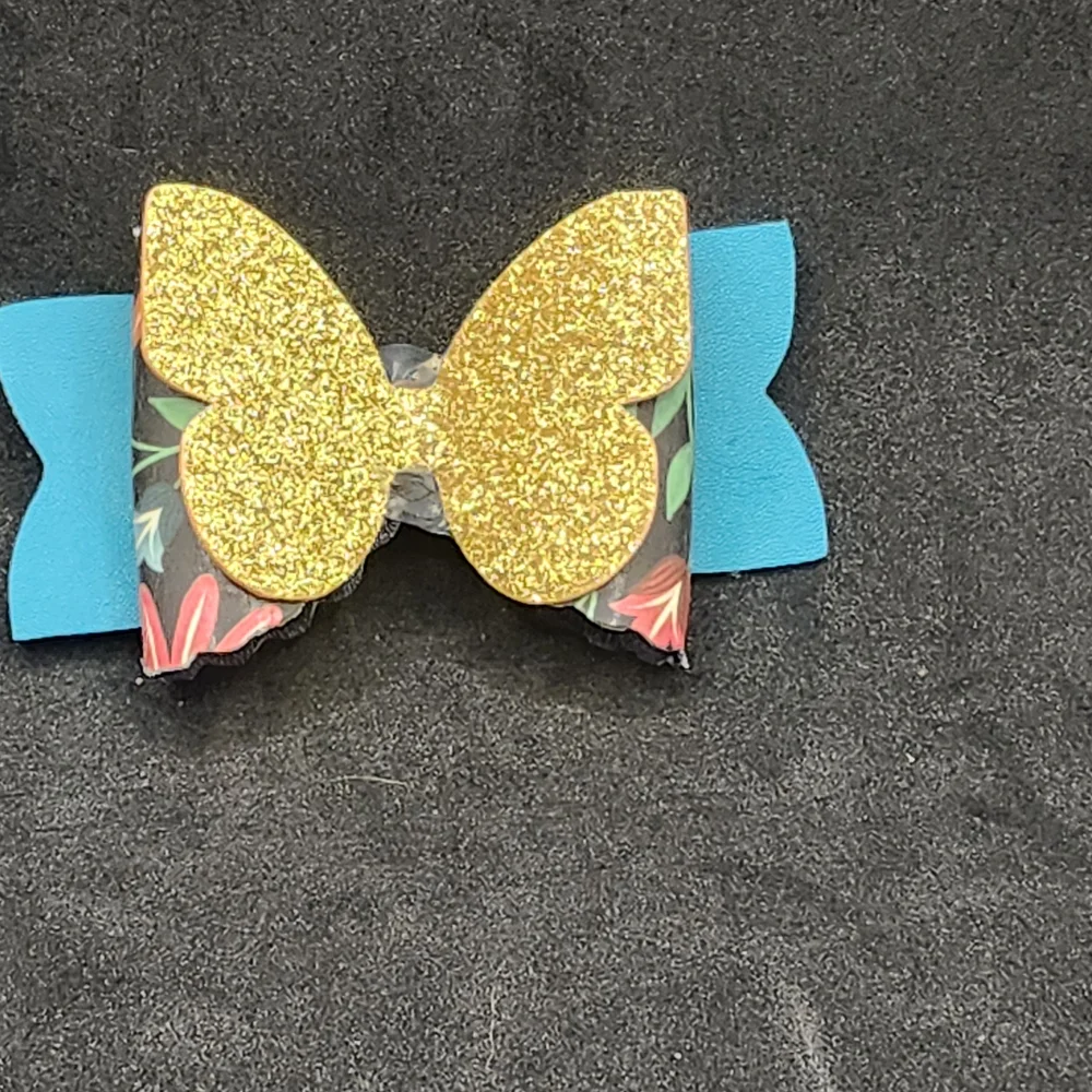 Hand Crafted Gold Glitter Butterfly Hair Bow Faux Leather